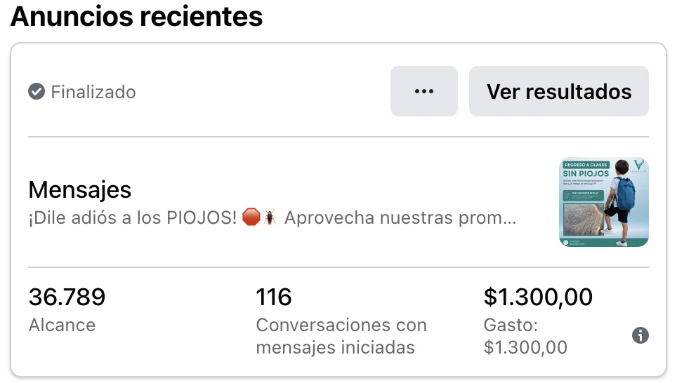Captura de Meta Ads de Tratamiento contra piojos